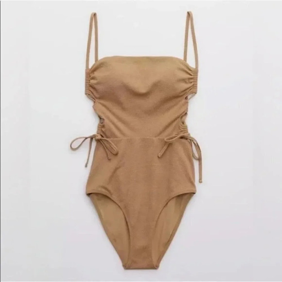 Aerie Pique Lace-Up Bandeau One Piece Swimsuit Tan Beige NWT  Size Small - Picture 1 of 10